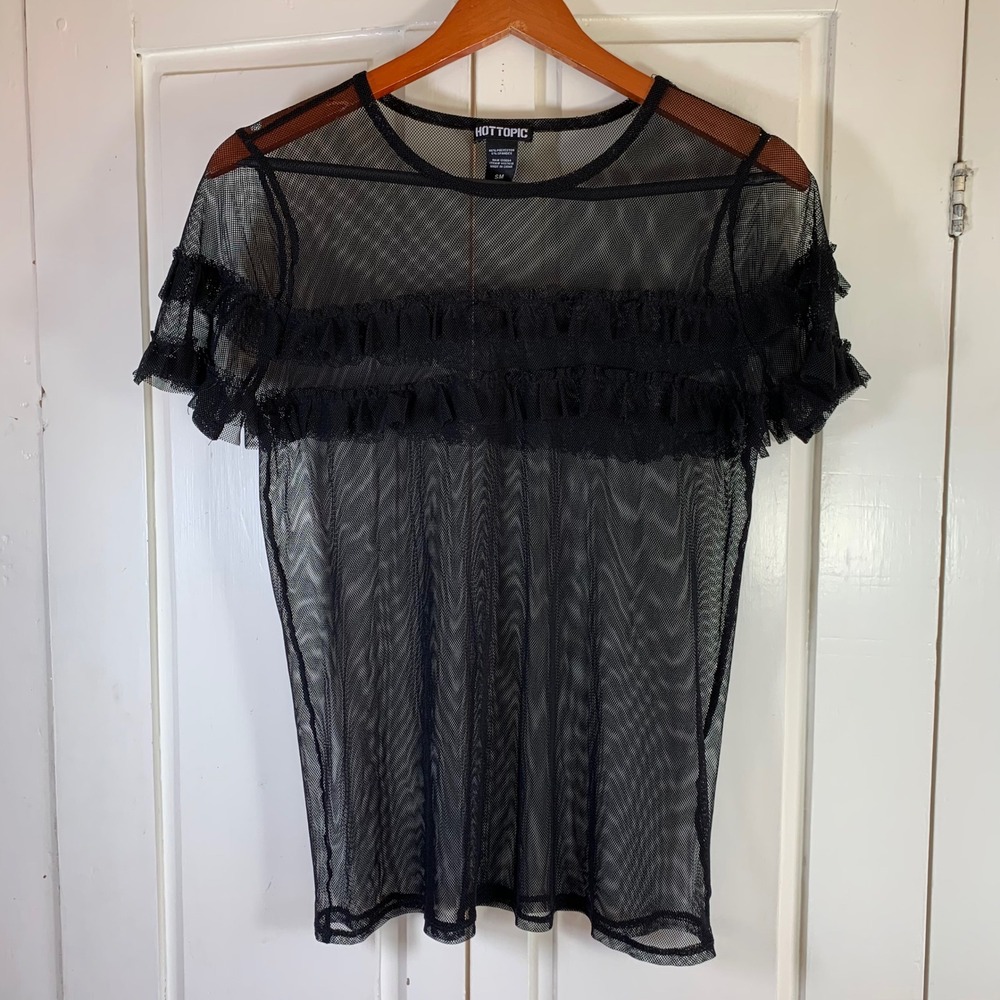 Goth Mesh Ruffle Top by Hot Topic SM‎ Sheer Black Y2K Grunge Festival Vibes Punk